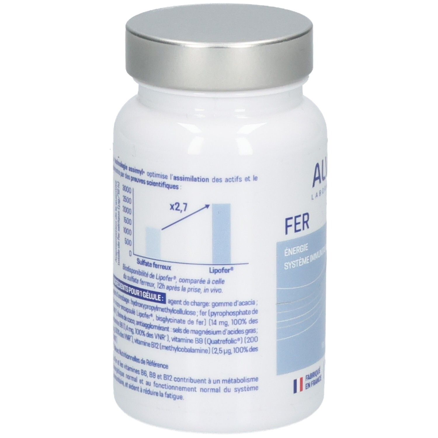 Arrière d'un pot avec informations sur les suppléments de fer et données scientifiques.