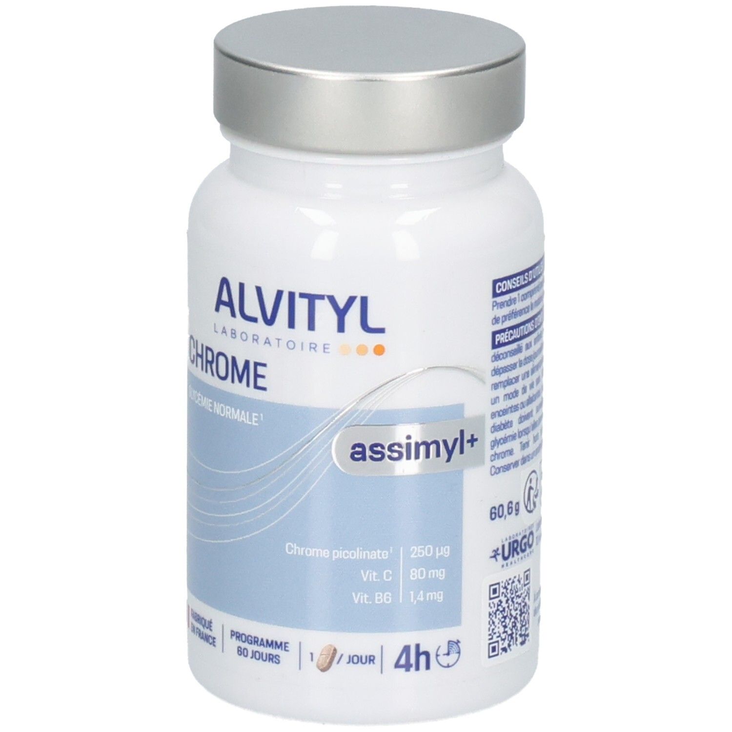 Avant d'un pot de pilules blanc ALVITYL CHROME avec informations sur le picolinate de chrome, Vitamine C et B6.