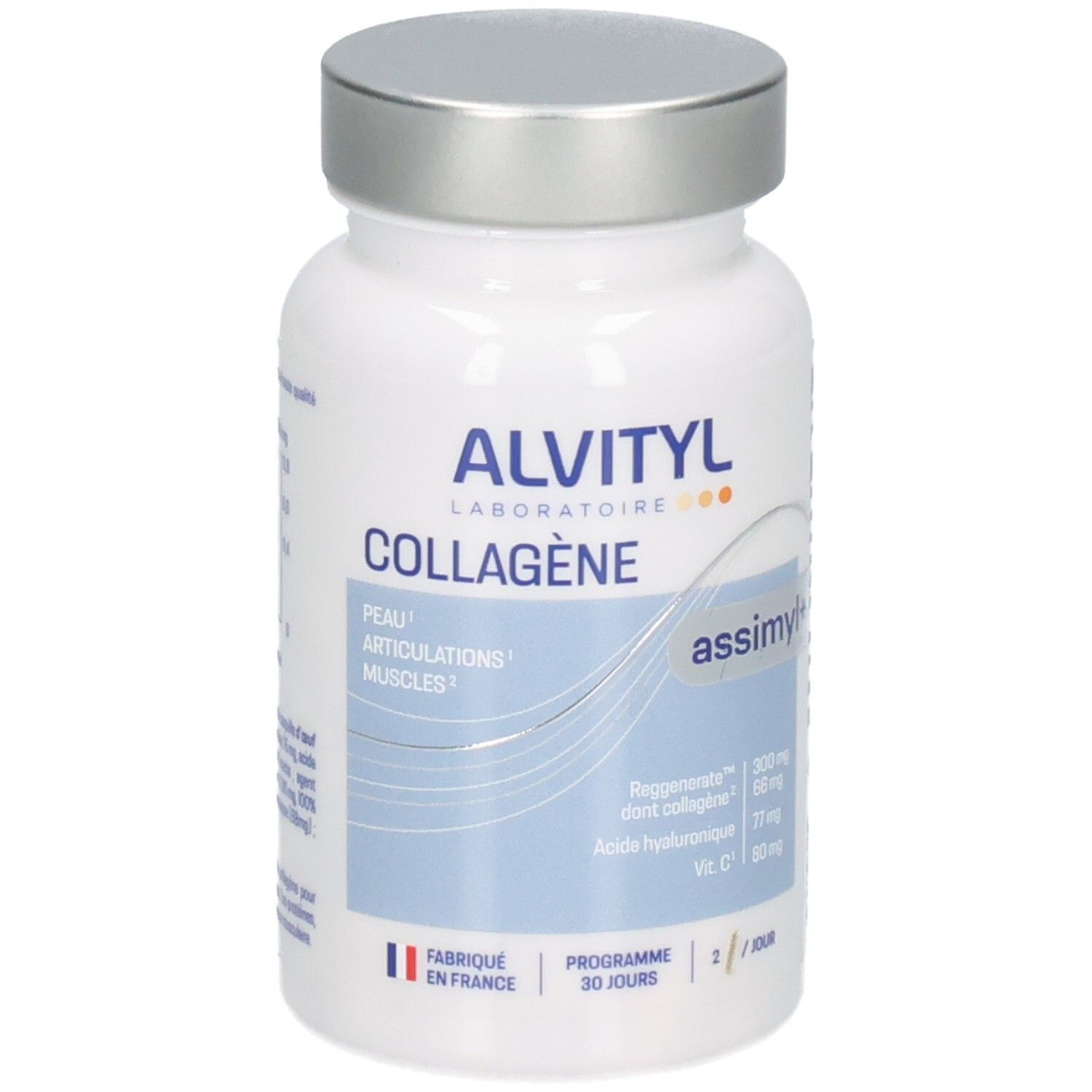 Flacon Alvityl Assimyl+ Collagène avec bouchon argenté. Contient du collagène, de l'acide hyaluronique et de la vitamine C.