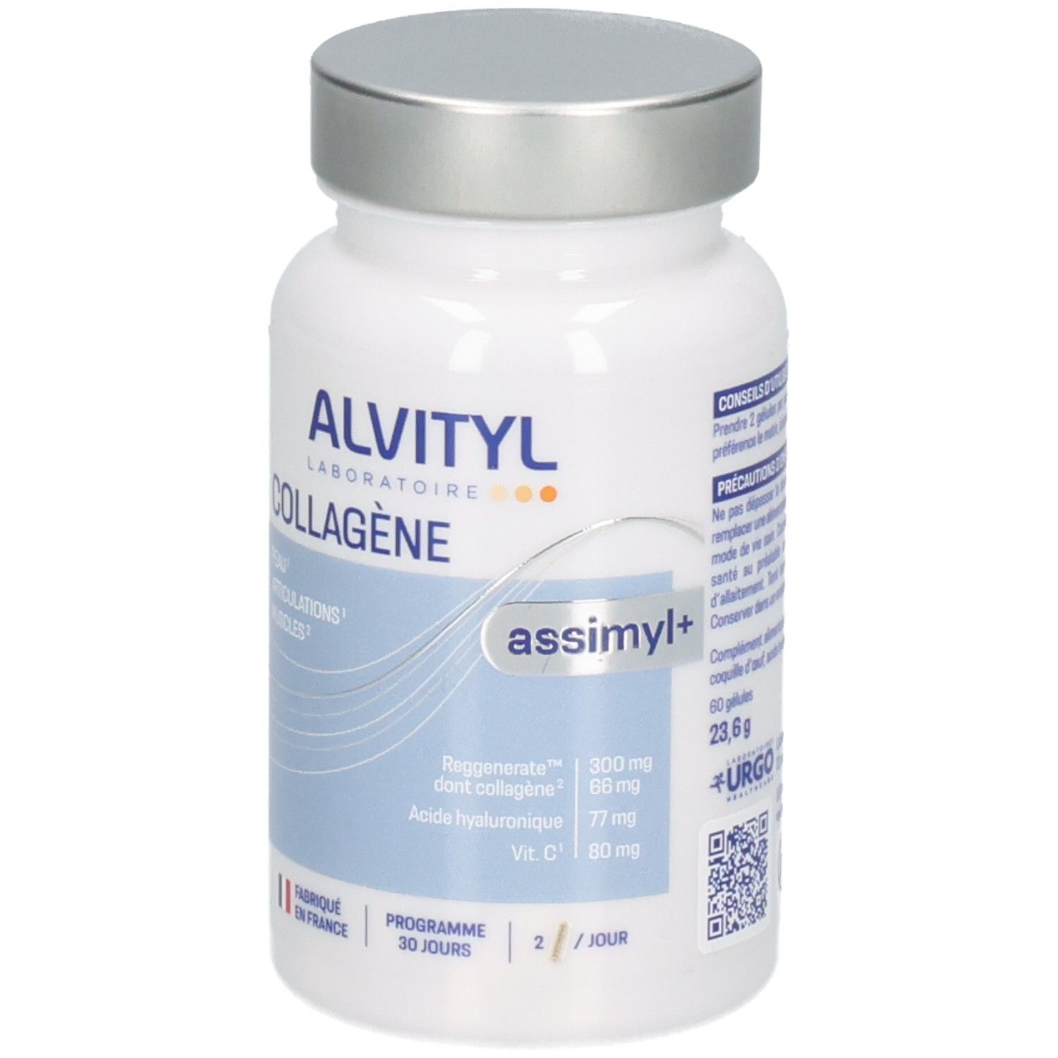 Avant du flacon Alvityl Assimyl+ Collagène avec nom du produit et détails des ingrédients.