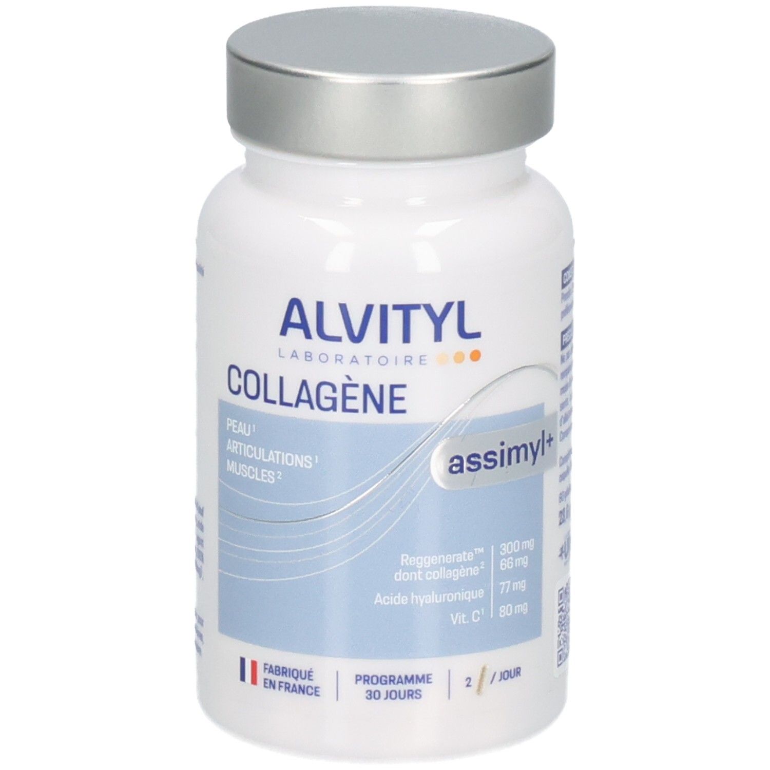 Flacon Alvityl Assimyl+ Collagène avec bouchon argenté, vue de face.