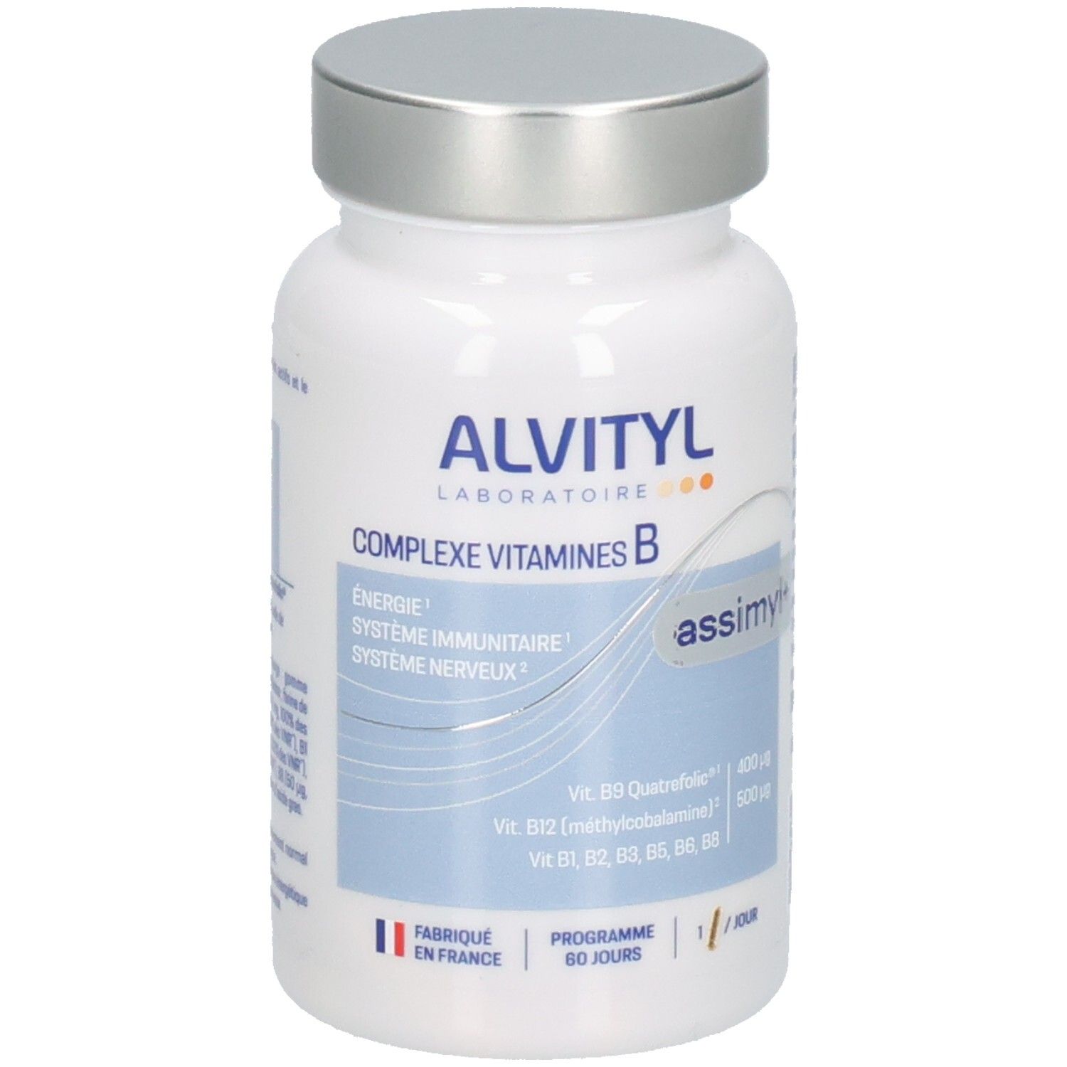 Bouteille blanche avec bouchon argenté, ALVITYL COMPLEXE VITAMINES B, 60 gélules.