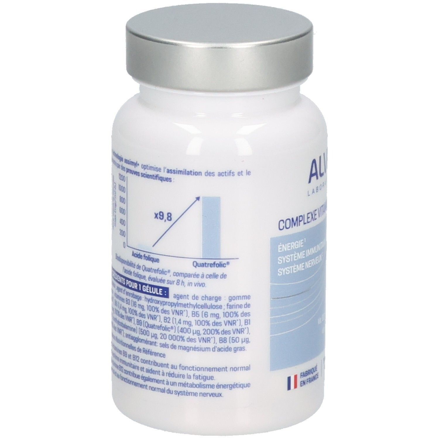 Arrière de la bouteille ALVITYL COMPLEXE VITAMINES B avec graphiques et informations.