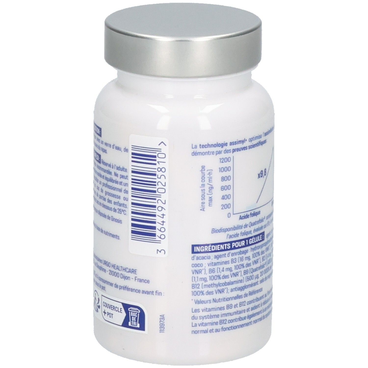 Vue latérale de la bouteille ALVITYL COMPLEXE VITAMINES B avec code-barres et informations fabricant.
