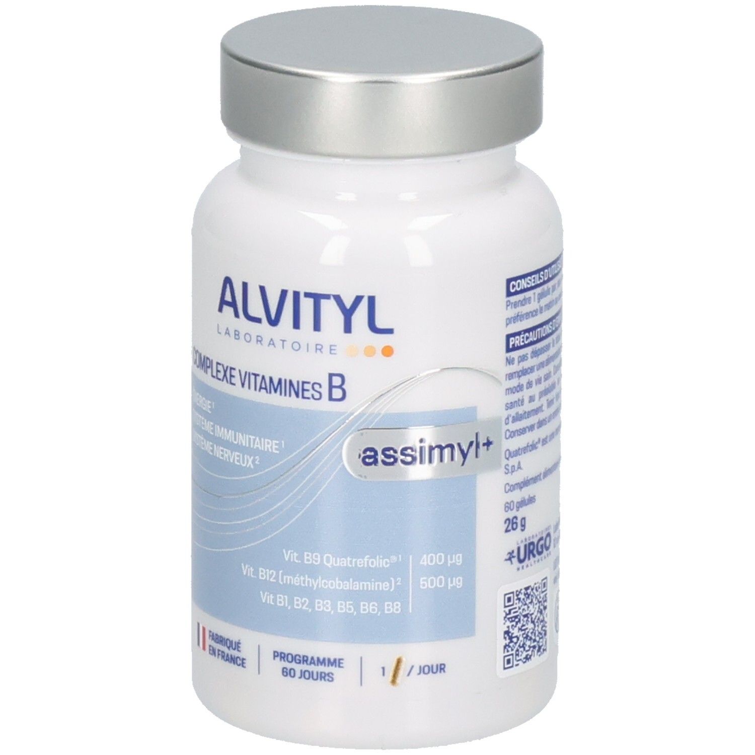 Face avant de la bouteille ALVITYL COMPLEXE VITAMINES B, 60 gélules, fabriquée en France.