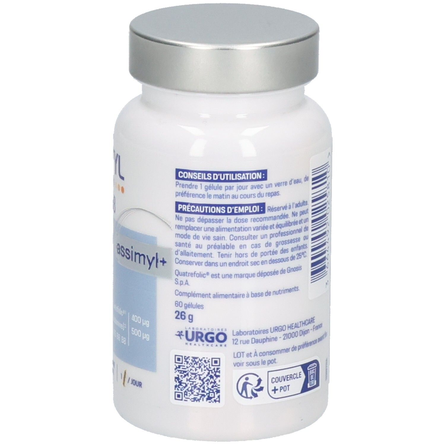 Arrière de la bouteille ALVITYL COMPLEXE VITAMINES B avec conseils d'utilisation et QR code.