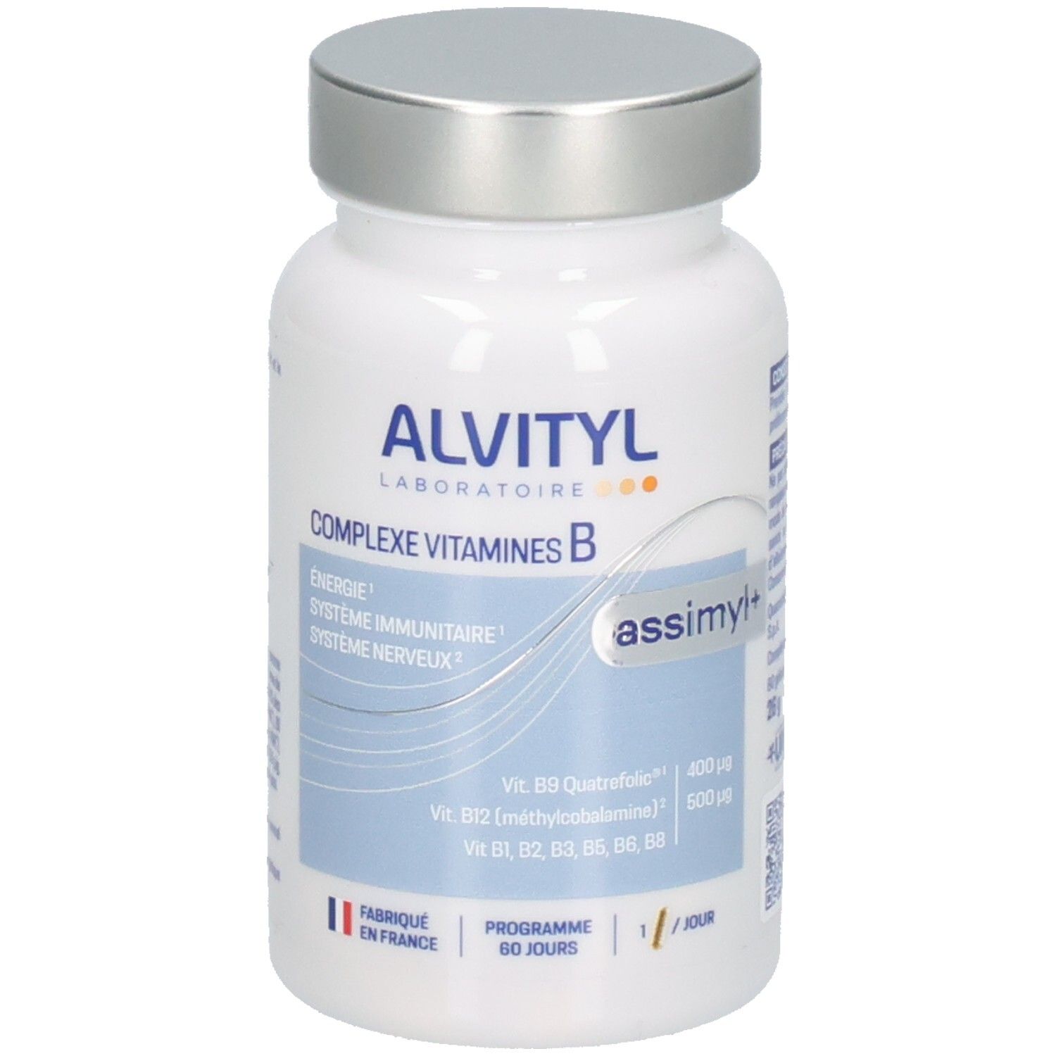 Bouteille blanche ALVITYL COMPLEXE VITAMINES B avec bouchon argenté, 60 gélules.