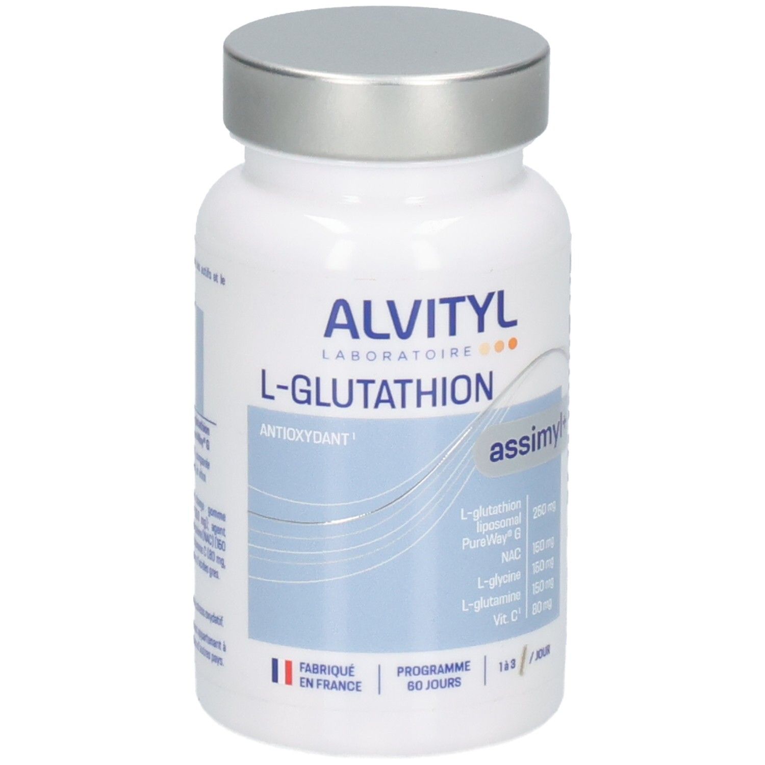 Pot blanc avec bouchon argenté, Alvityl L-Glutathion, Antioxydant, 60 gélules.
