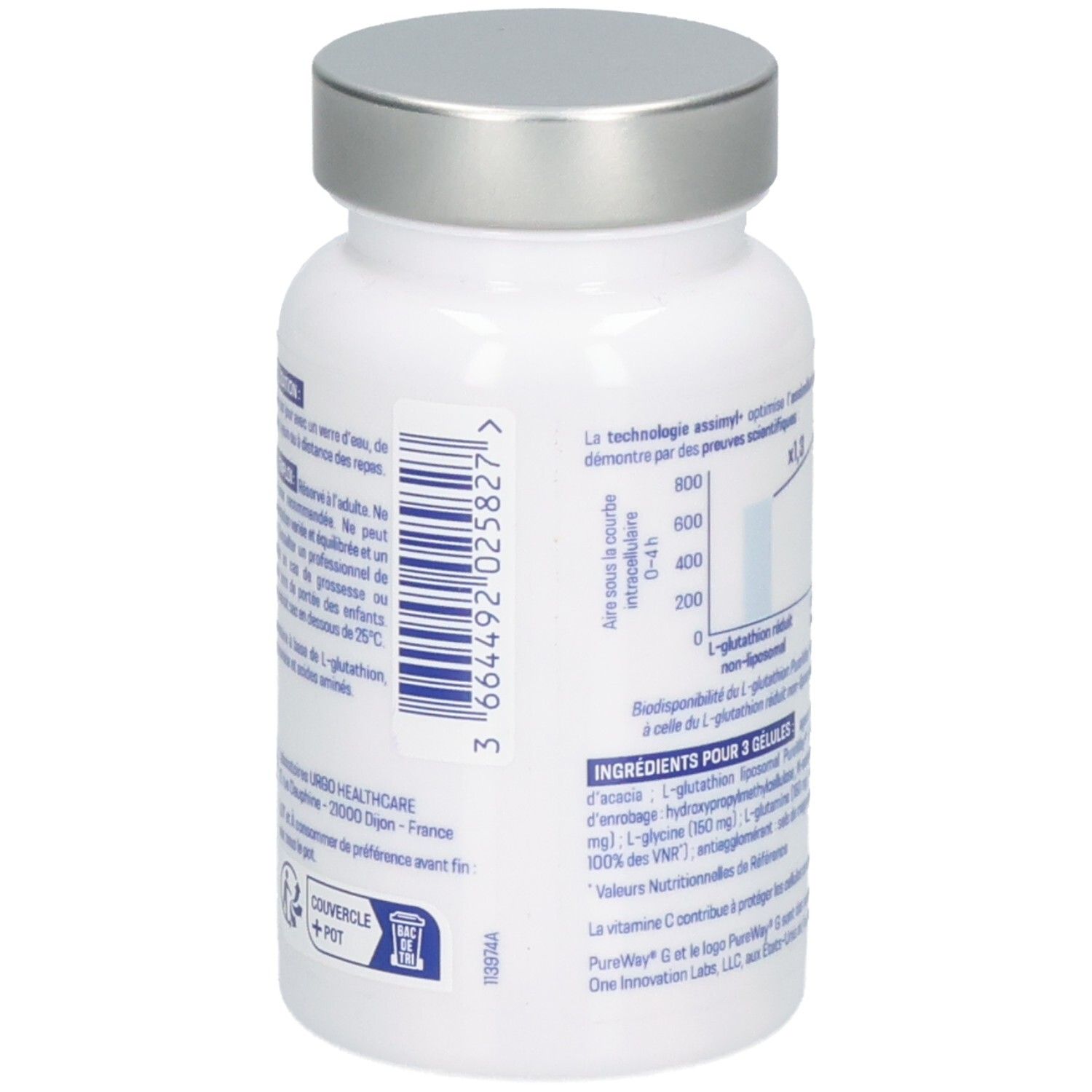 Vue latérale d'un pot blanc avec bouchon argenté, Alvityl L-Glutathion, avec code-barres et informations.