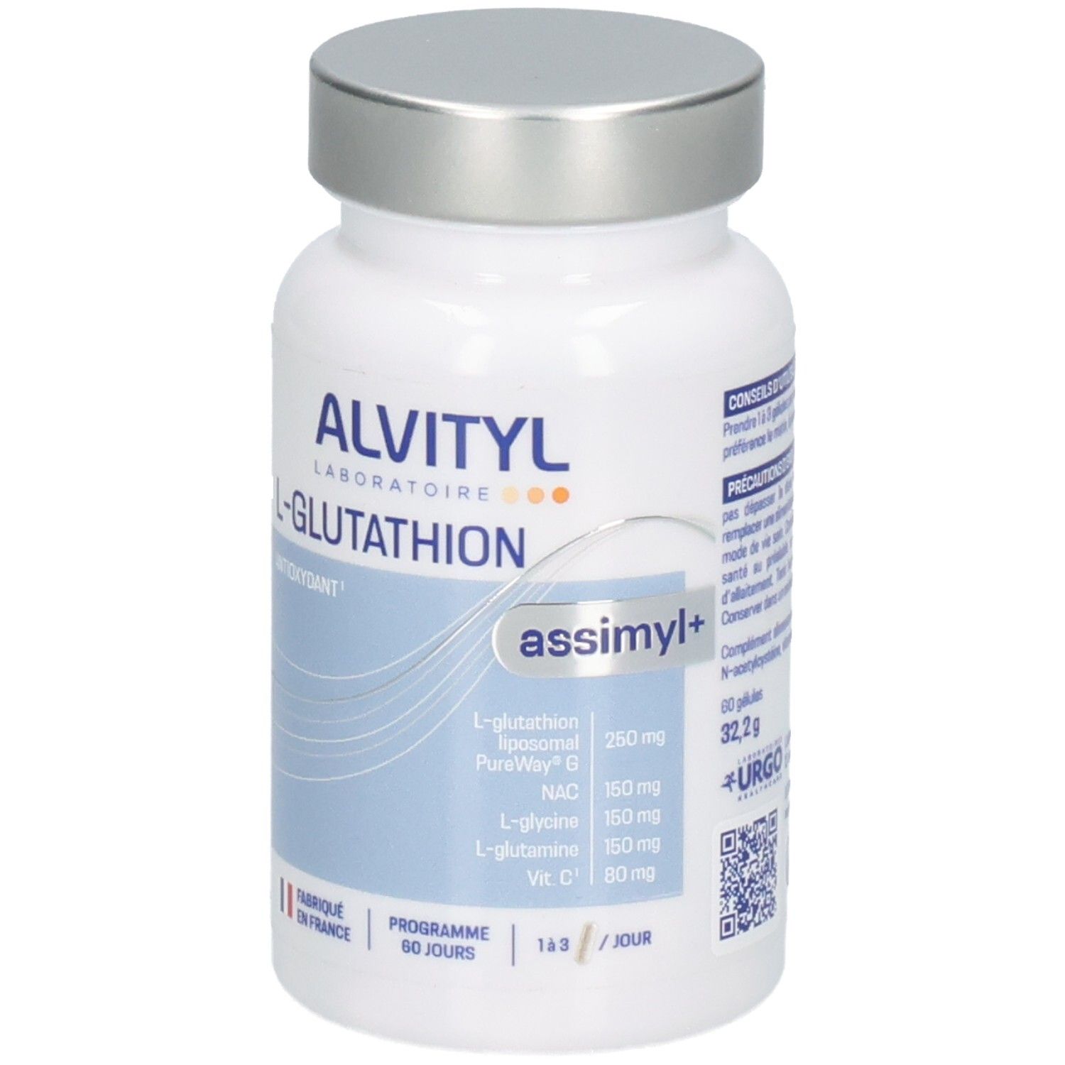 Face avant d'un pot blanc avec bouchon argenté, Alvityl L-Glutathion, Antioxydant, 60 gélules.