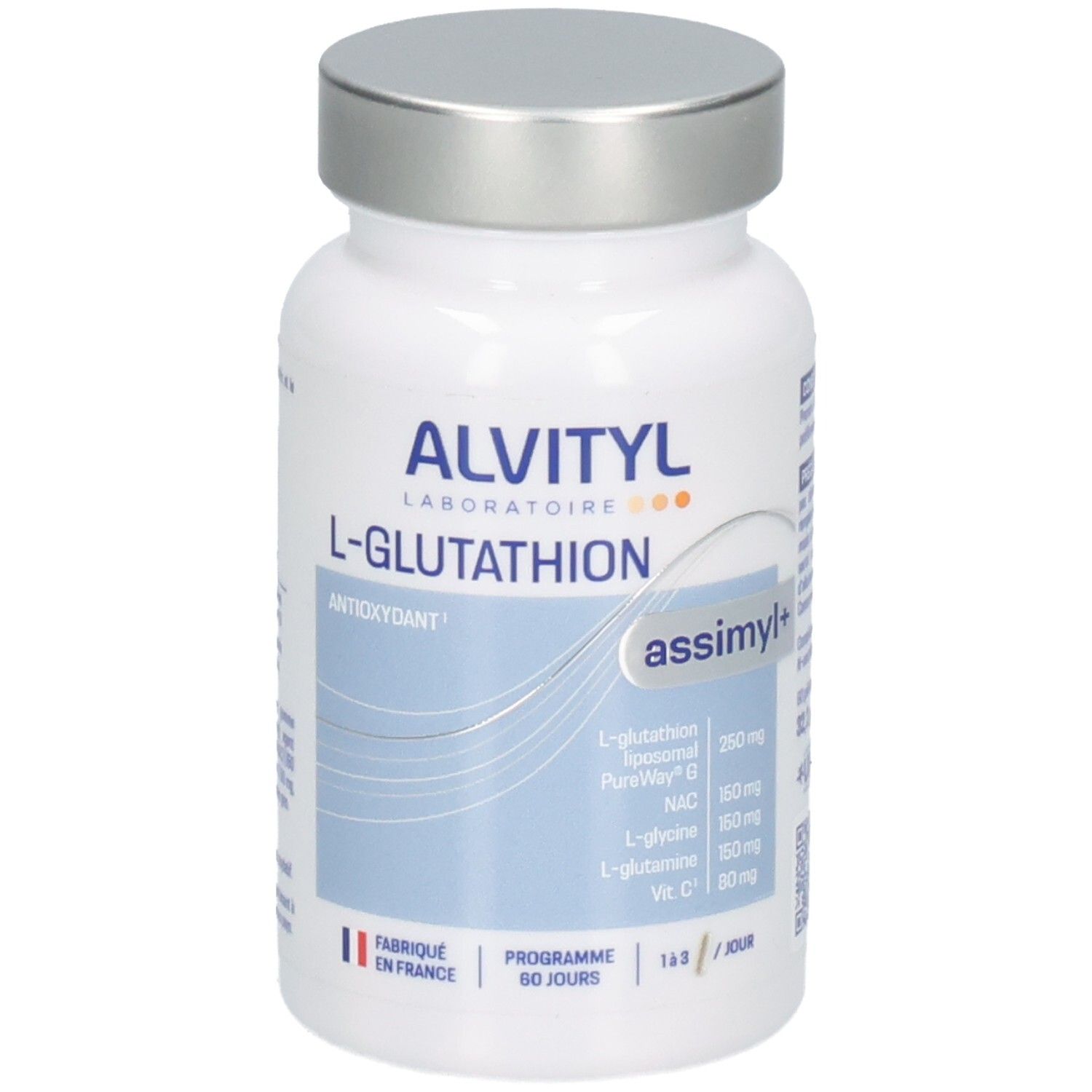Vue de face d'un pot blanc avec bouchon argenté, Alvityl L-Glutathion, Antioxydant, 60 gélules.