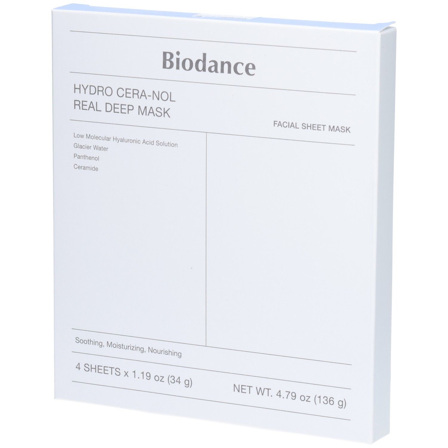 Emballage Biodance Hydro Cera-Nol Real Deep Mask, 4 masques faciaux.