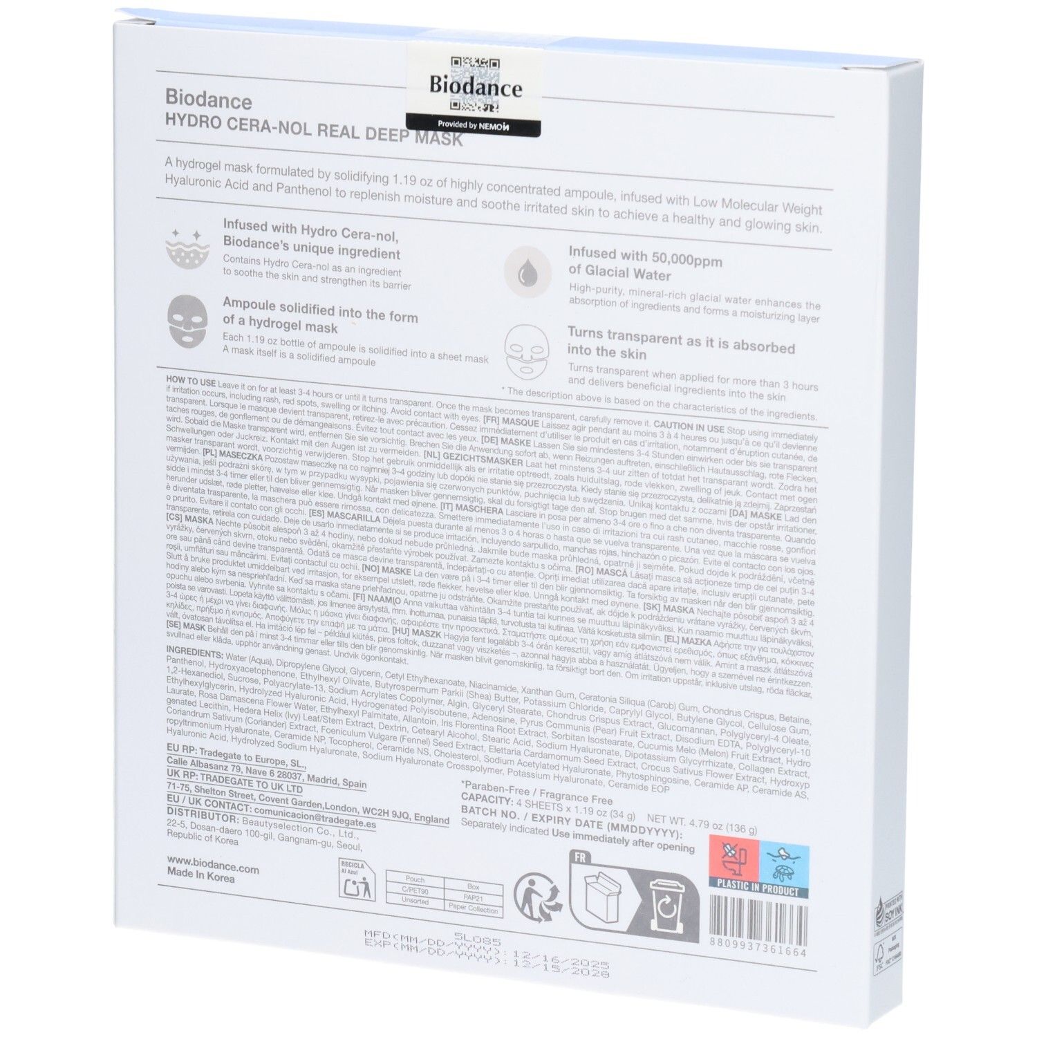 Arrière de l'emballage Biodance Hydro Cera-Nol Real Deep Mask avec instructions.