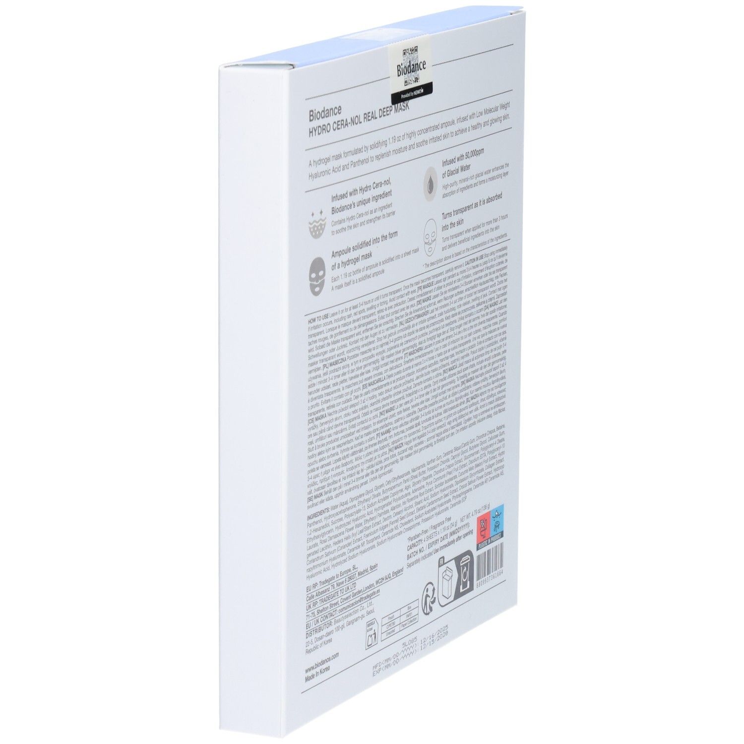 Arrière de l'emballage Biodance Hydro Cera-Nol Real Deep Mask, informations détaillées.