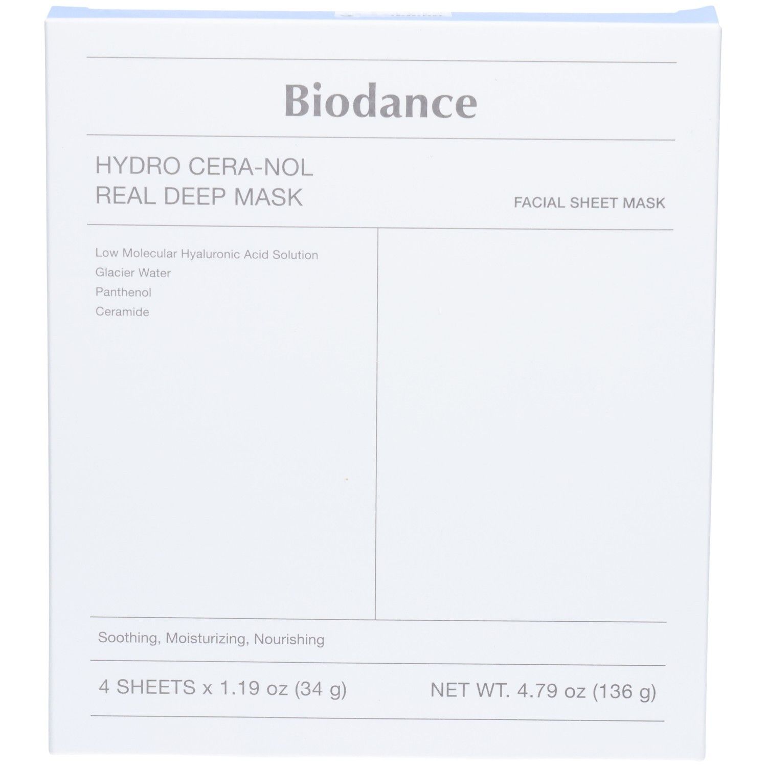 Avant de l'emballage Biodance Hydro Cera-Nol Real Deep Mask, 4 masques faciaux.