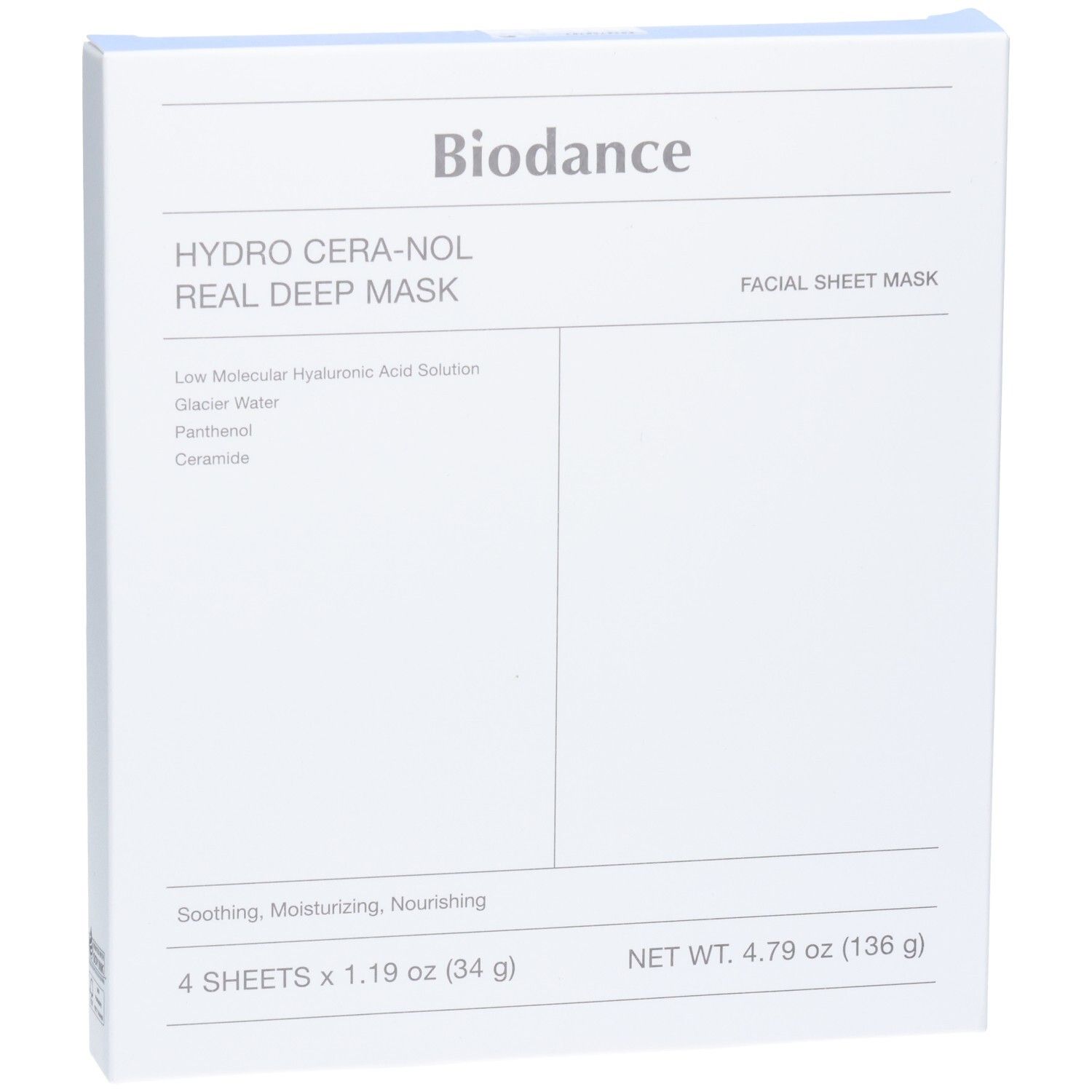 Emballage Biodance Hydro Cera-Nol Real Deep Mask, 4 masques faciaux, apaisant, hydratant.