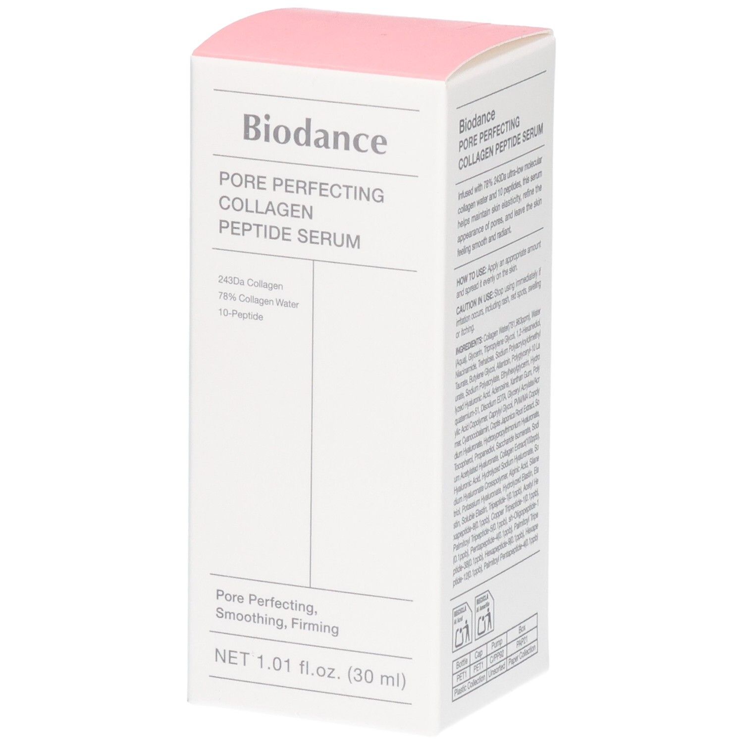 Emballage du sérum Biodance Pore Perfecting Collagen Peptide. Contient 2400a collagène, 78% d'eau de collagène, 10-peptide.
