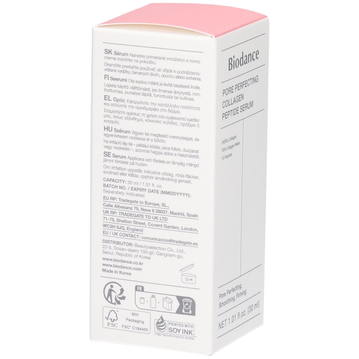 Arrière de l'emballage du sérum Biodance Pore Perfecting Collagen Peptide avec instructions et ingrédients.
