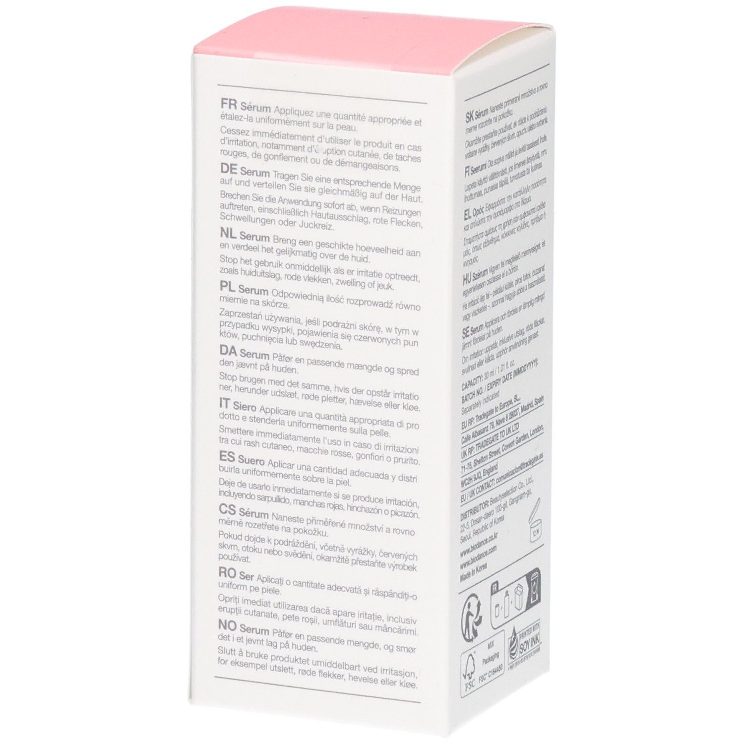 Vue latérale de l'emballage du sérum Biodance Pore Perfecting Collagen Peptide avec instructions multilingues.