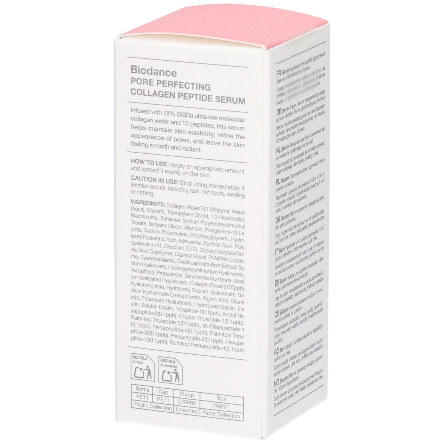 Face avant de l'emballage du sérum Biodance Pore Perfecting Collagen Peptide avec ingrédients et instructions.