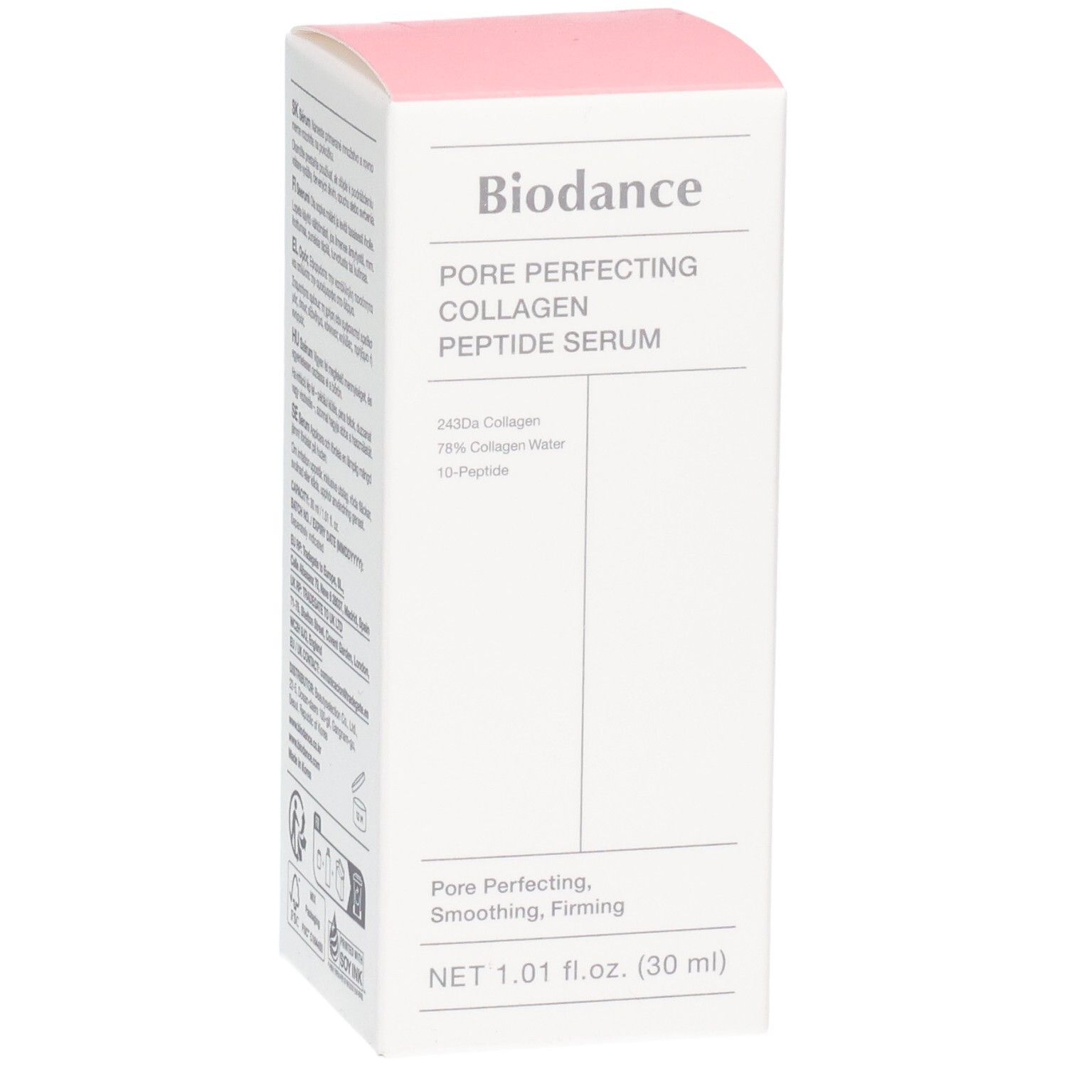 Emballage du sérum Biodance Pore Perfecting Collagen Peptide. Contient 2400a collagène, 78% d'eau de collagène, 10-peptide.