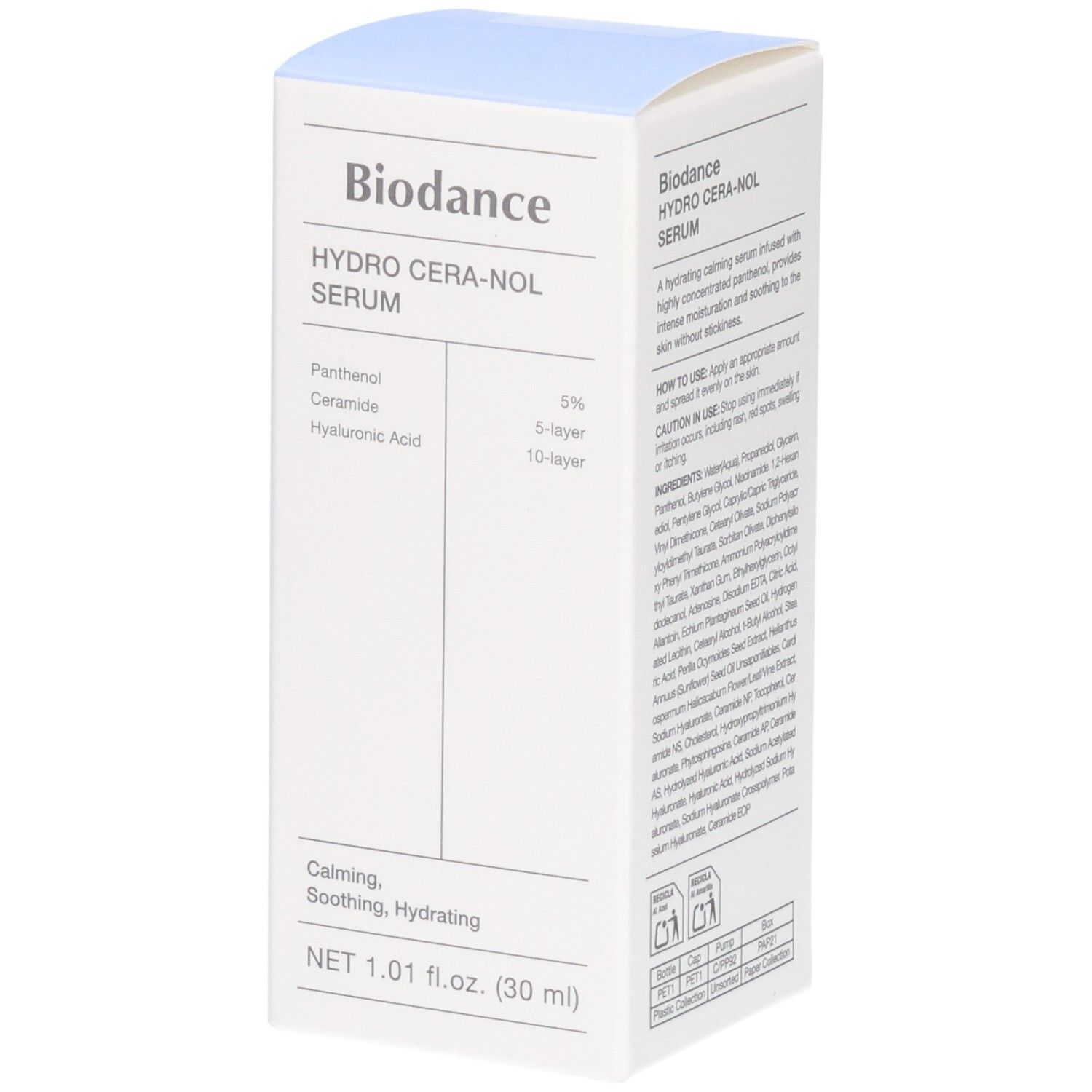 Emballage du sérum Biodance Hydro Cera-nol avec ingrédients : Panthénol, Céramide, Acide Hyaluronique.