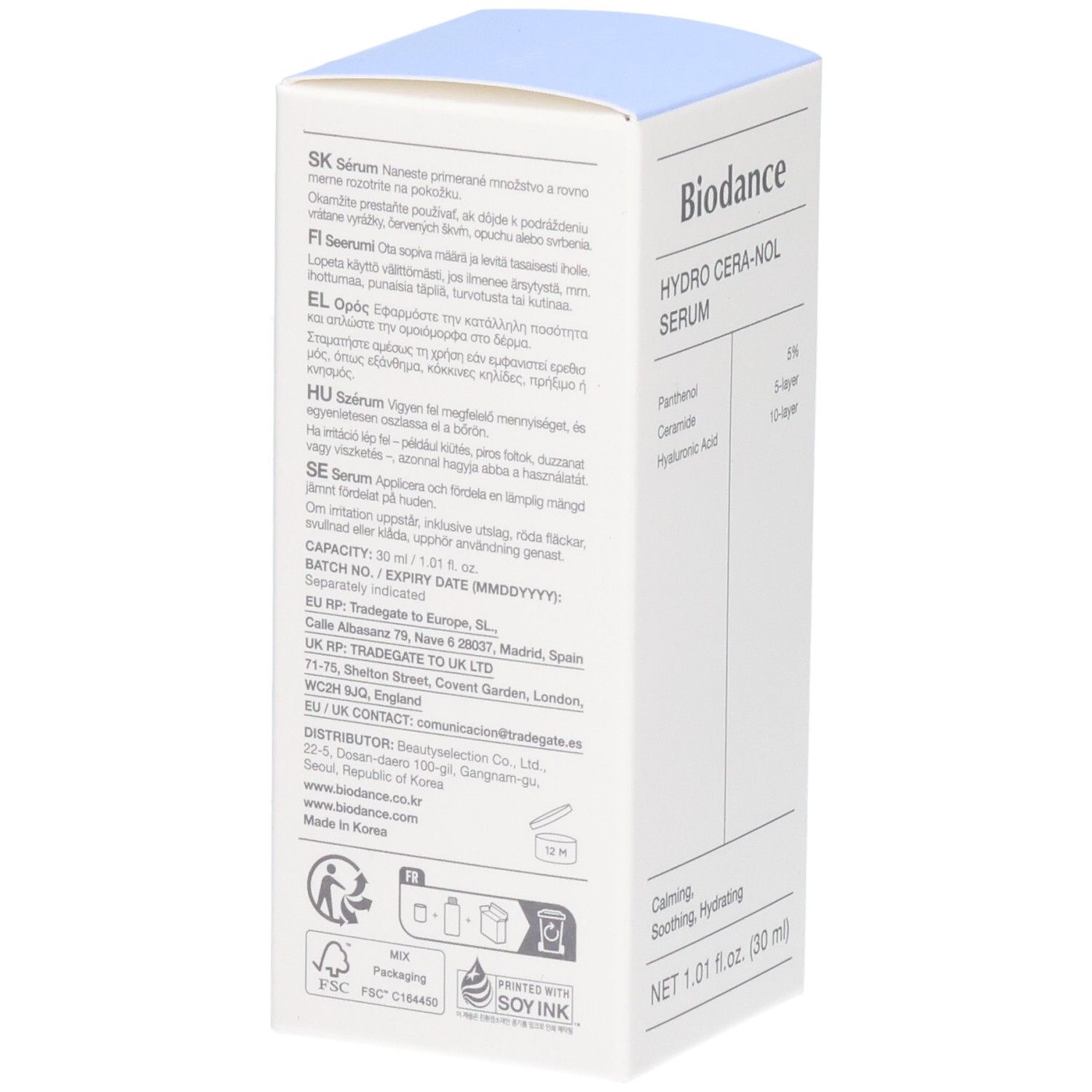 Dos de l'emballage du sérum Biodance Hydro Cera-nol avec instructions d'utilisation et informations fabricant.