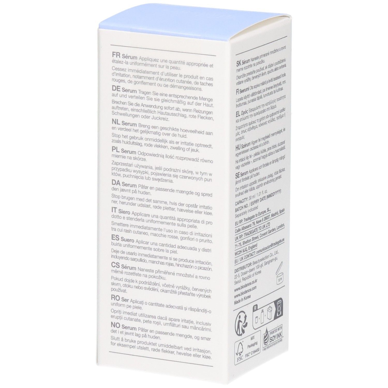 Vue latérale de l'emballage du sérum Biodance Hydro Cera-nol avec instructions d'utilisation multilingues.