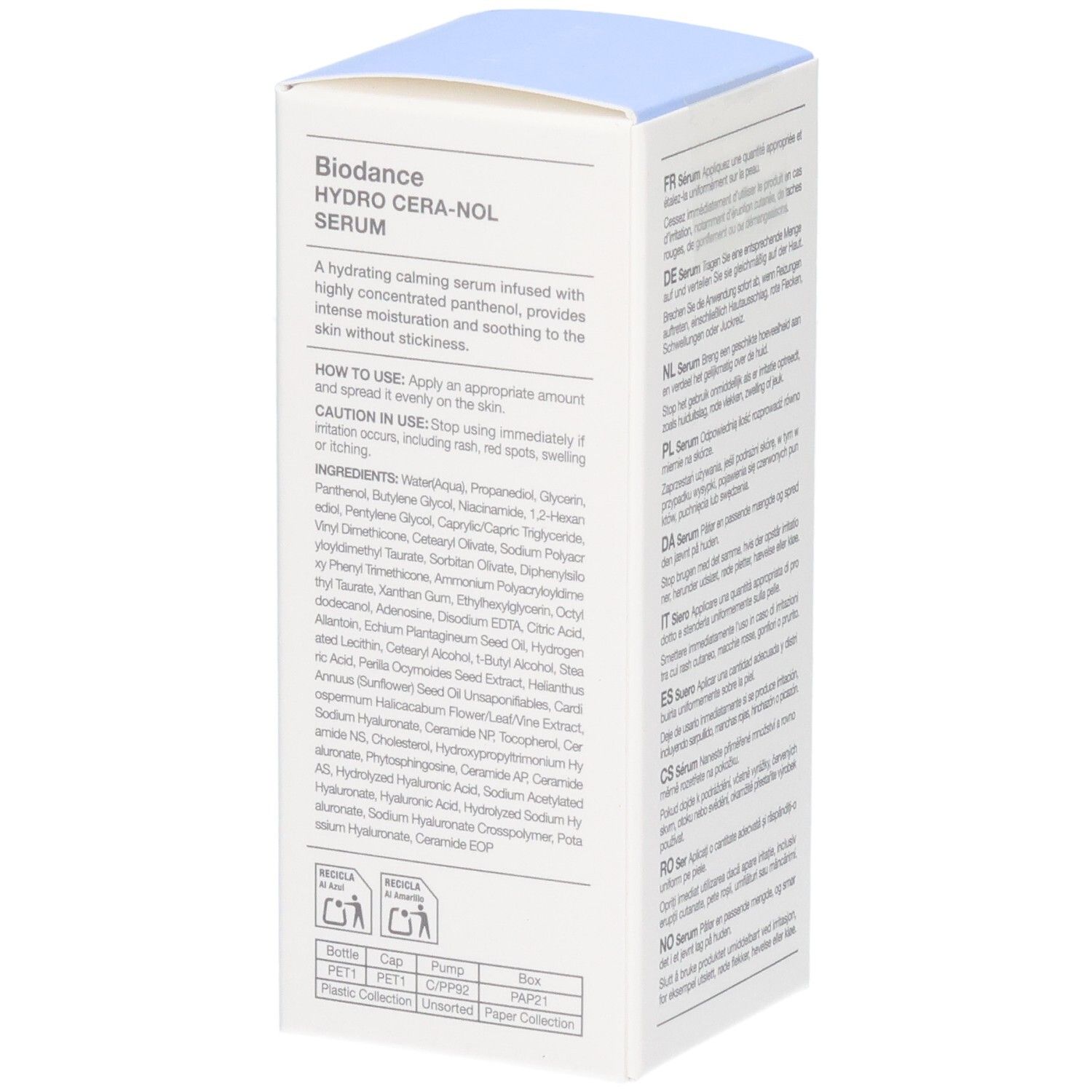 Emballage du sérum Biodance Hydro Cera-nol avec instructions d'utilisation détaillées et liste des ingrédients.