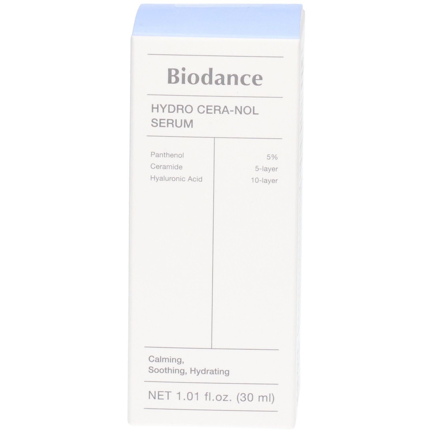 Face avant de l'emballage du sérum Biodance Hydro Cera-nol avec nom du produit et ingrédients principaux.