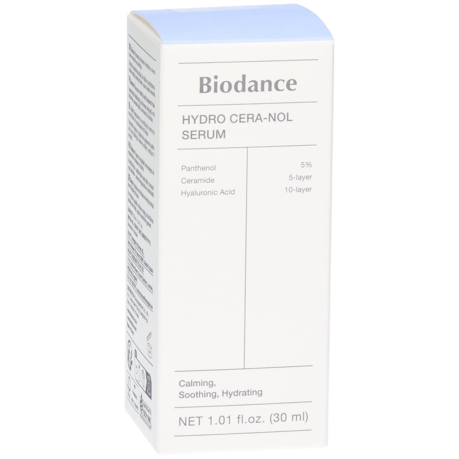 Emballage du sérum Biodance Hydro Cera-nol mettant en avant Panthénol, Céramide et Acide Hyaluronique.