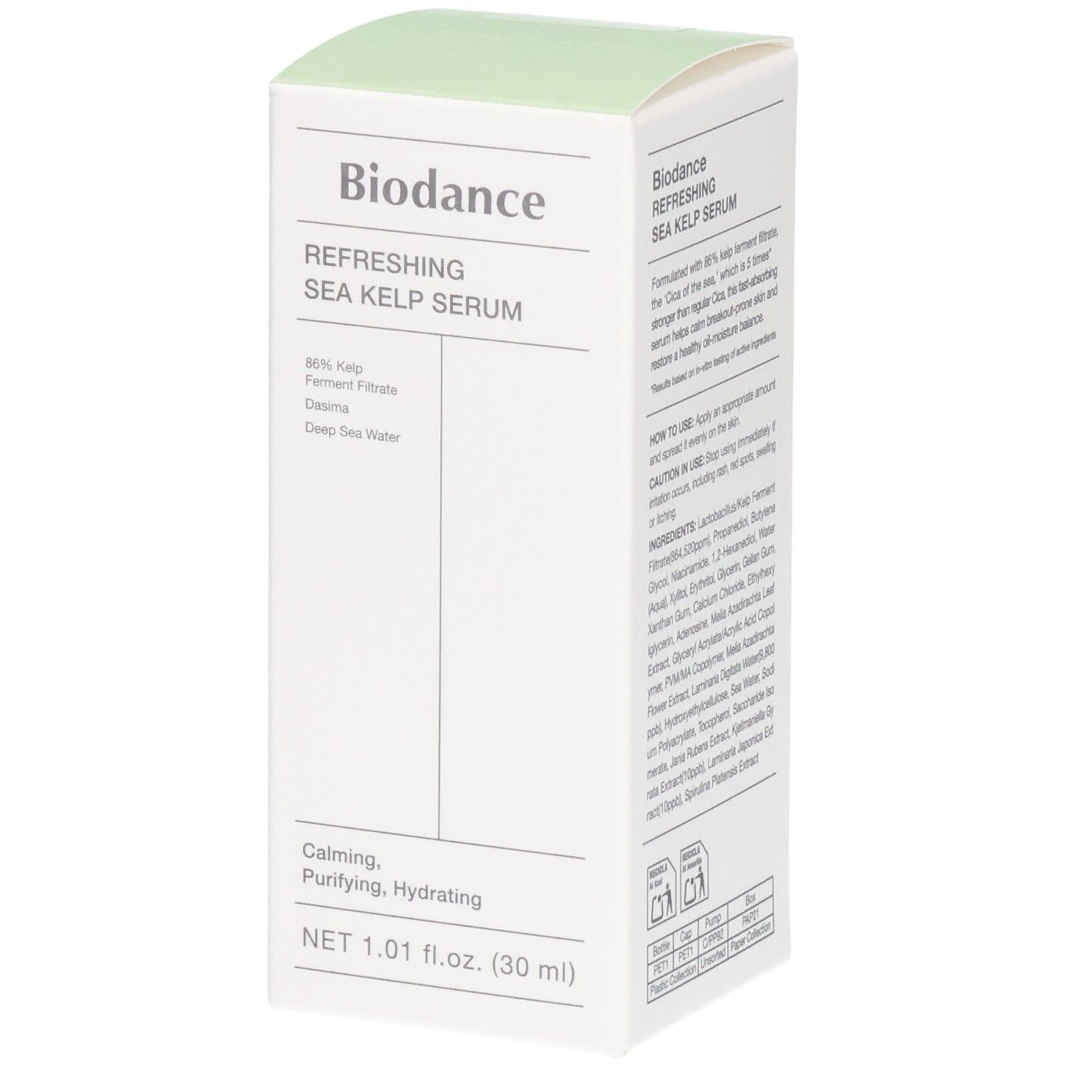Emballage Biodance Refreshing Sea Kelp Serum. Contient 86% de filtrat fermenté de varech. Net 1.01 fl.oz. (30 ml).