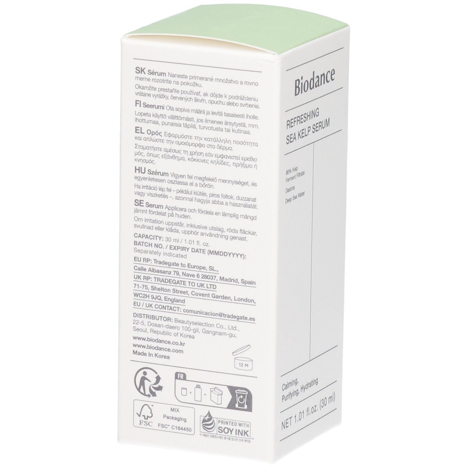 Arrière de l'emballage Biodance Refreshing Sea Kelp Serum avec informations d'utilisation et du fabricant.