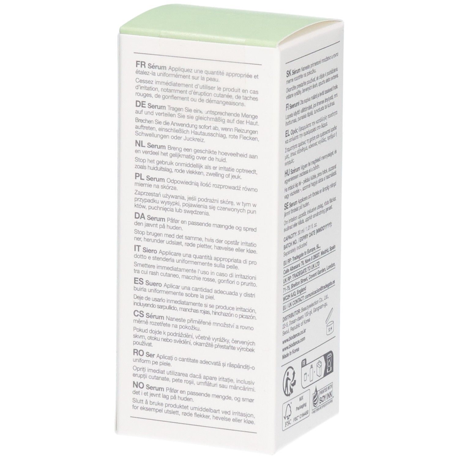 Vue latérale de l'emballage Biodance Refreshing Sea Kelp Serum avec instructions d'utilisation multilingues.