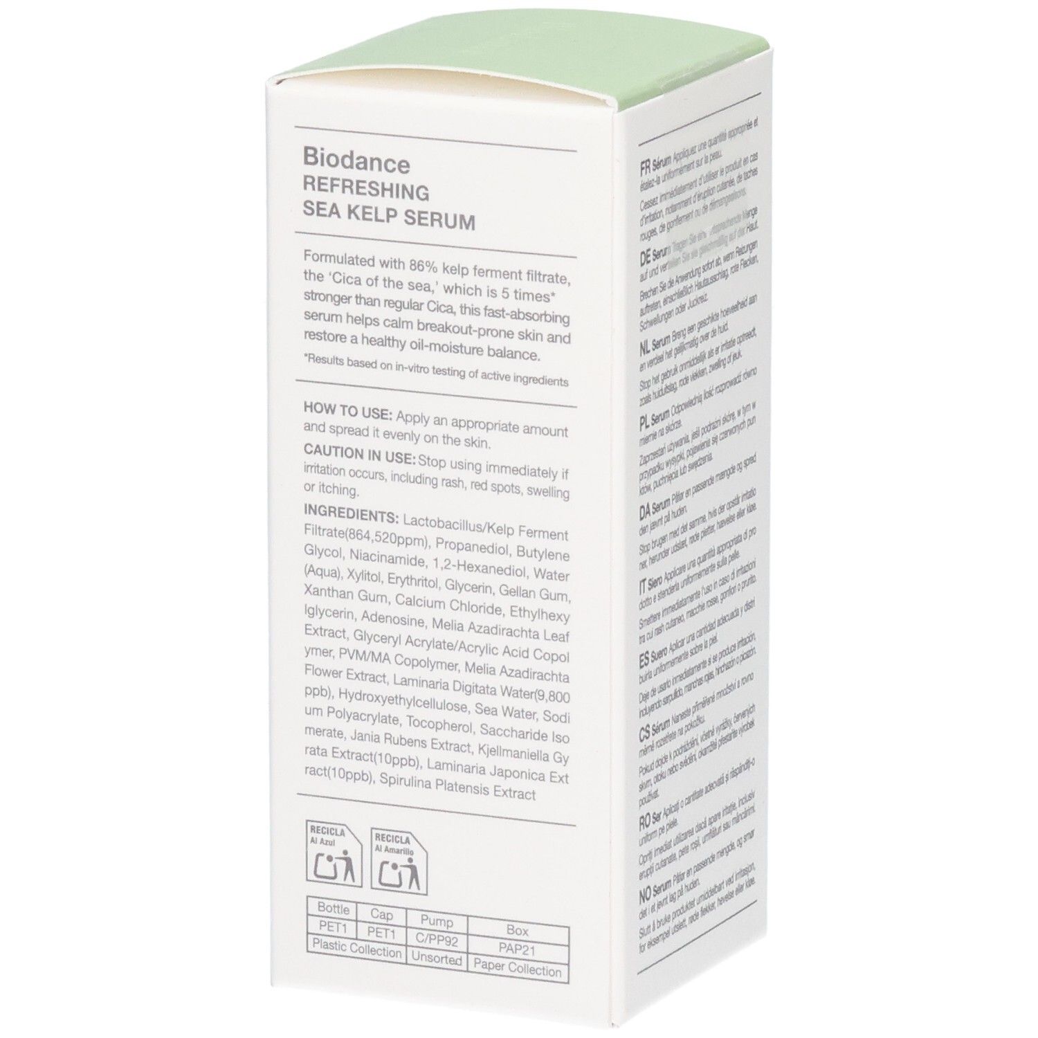 Emballage Biodance Refreshing Sea Kelp Serum avec liste des ingrédients et instructions d'utilisation.