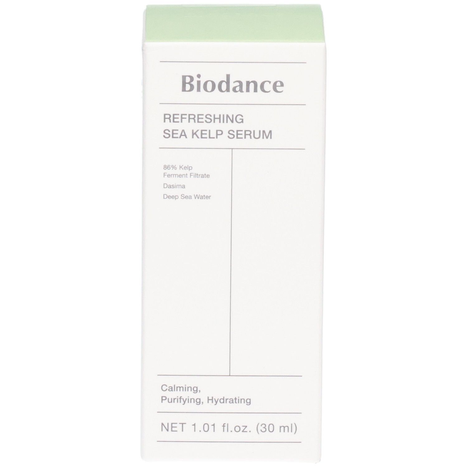 Avant de l'emballage Biodance Refreshing Sea Kelp Serum. Contient 86% de filtrat fermenté de varech. Net 1.01 fl.oz. (30 ml).