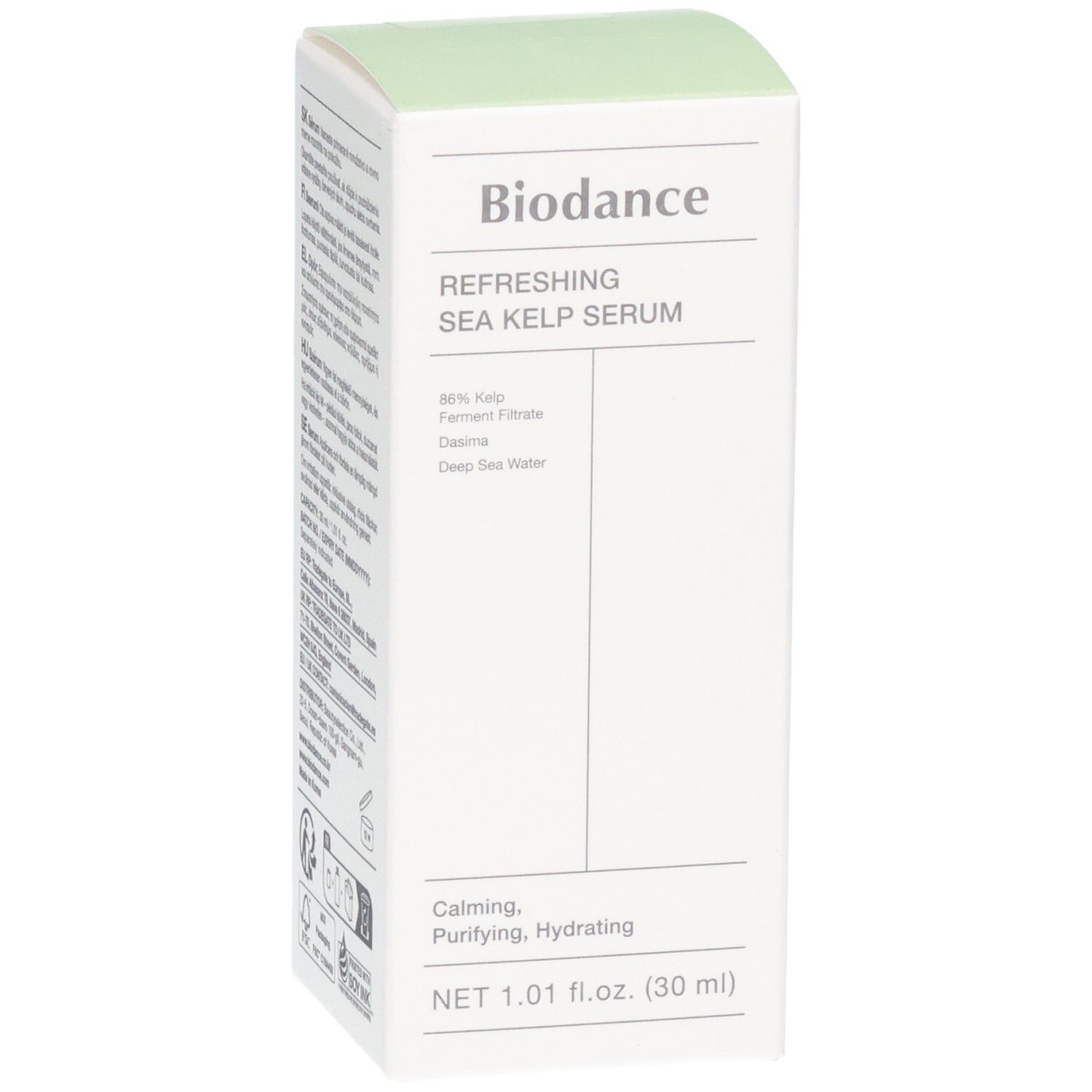Emballage Biodance Refreshing Sea Kelp Serum. Contient 86% de filtrat fermenté de varech. Net 1.01 fl.oz. (30 ml).