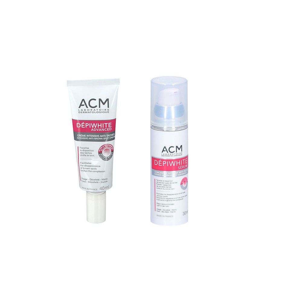 Deux produits ACM DépiWhite : un tube de crème et un flacon pompe de sérum.