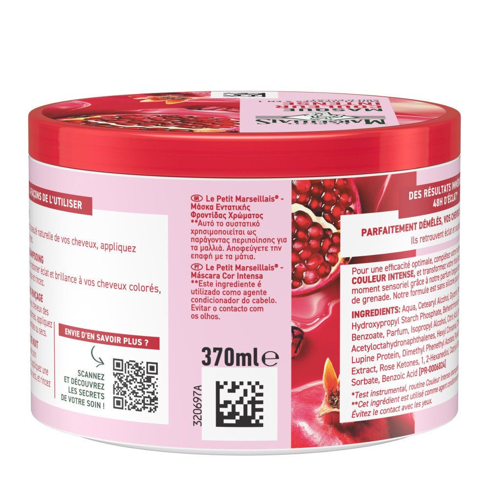 Arrière du masque Le Petit Marseillais Couleur Intense, 370ml, avec ingrédients et instructions.
