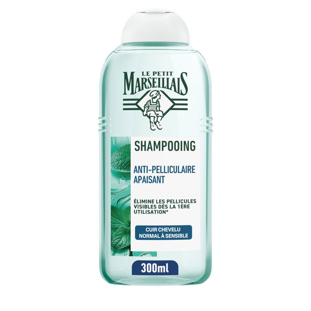 Le Petit Marseillais Shampooing Anti-Pelliculaire Menthe et Thym. Flacon transparent avec bouchon blanc.