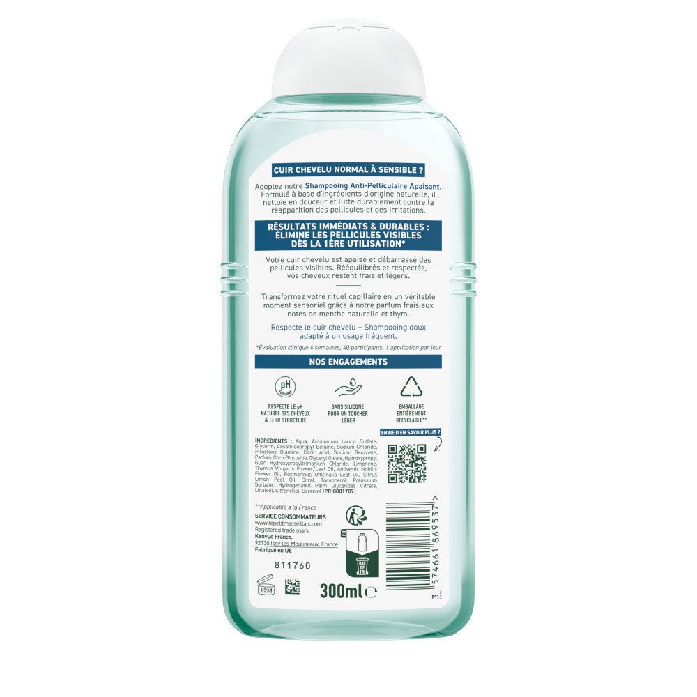 Arrière du flacon Le Petit Marseillais Shampooing Anti-Pelliculaire. Contient des informations sur les ingrédients et l'usage.