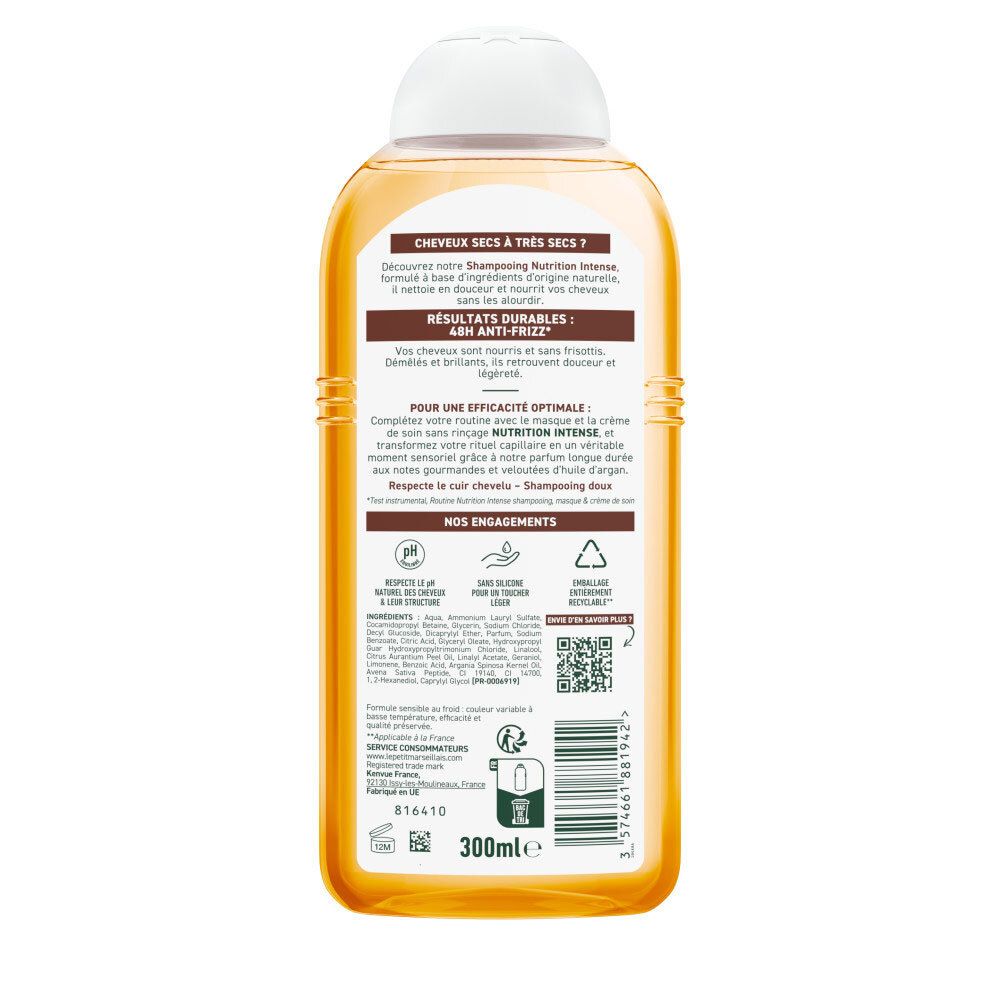 Arrière de la bouteille Le Petit Marseillais Shampooing Nutrition Intense. Informations sur les ingrédients et l'utilisation.