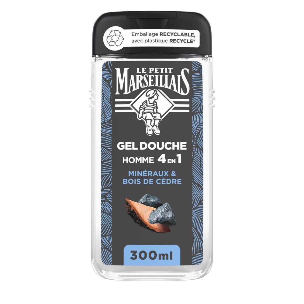 Le Petit Marseillais Gel douche homme 4-en-1 Minéraux & Bois de Cèdre. Flacon transparent avec étiquette noire.
