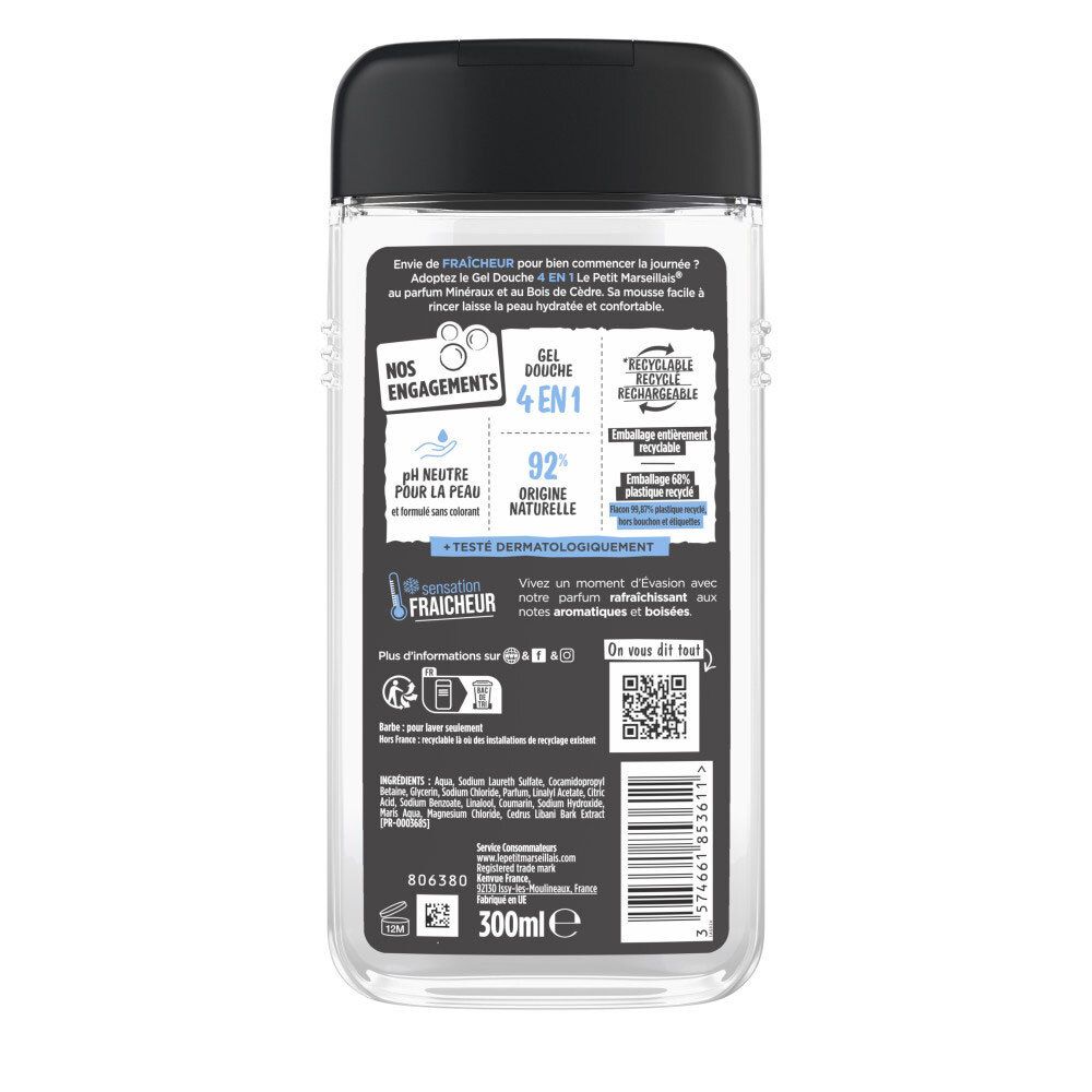 Arrière du flacon Le Petit Marseillais Gel douche homme 4-en-1. Informations sur les ingrédients et l'utilisation.
