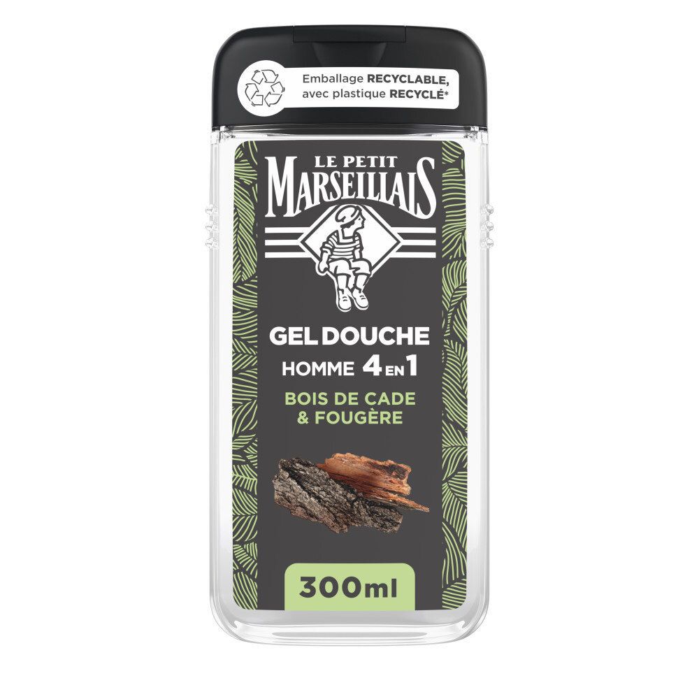 Le Petit Marseillais Gel Douche Homme 4 en 1 Bois de Cade & Fougère. Flacon transparent avec bouchon noir.