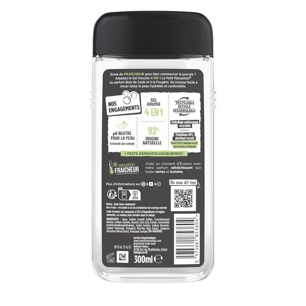 Dos du Gel Douche Homme 4 en 1 Le Petit Marseillais. Informations sur les ingrédients et le recyclage.