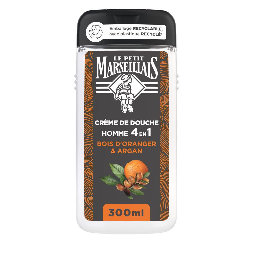 Crème de douche homme 4-en-1, Fleur d'Oranger & Argan. Flacon avec bouchon noir.