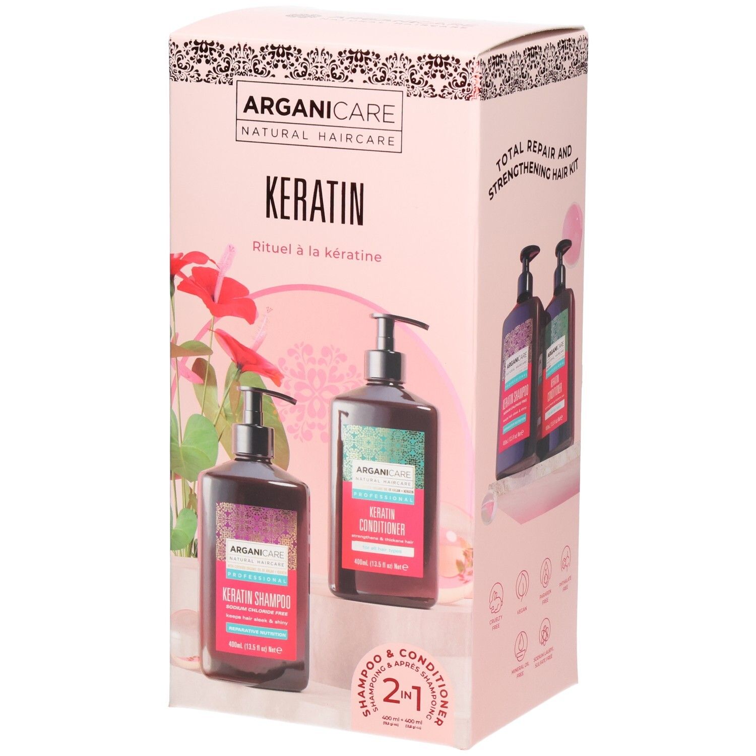 Boîte Duo Arganicare Kératine avec shampoing et après-shampoing. Emballage rose avec illustrations du produit.