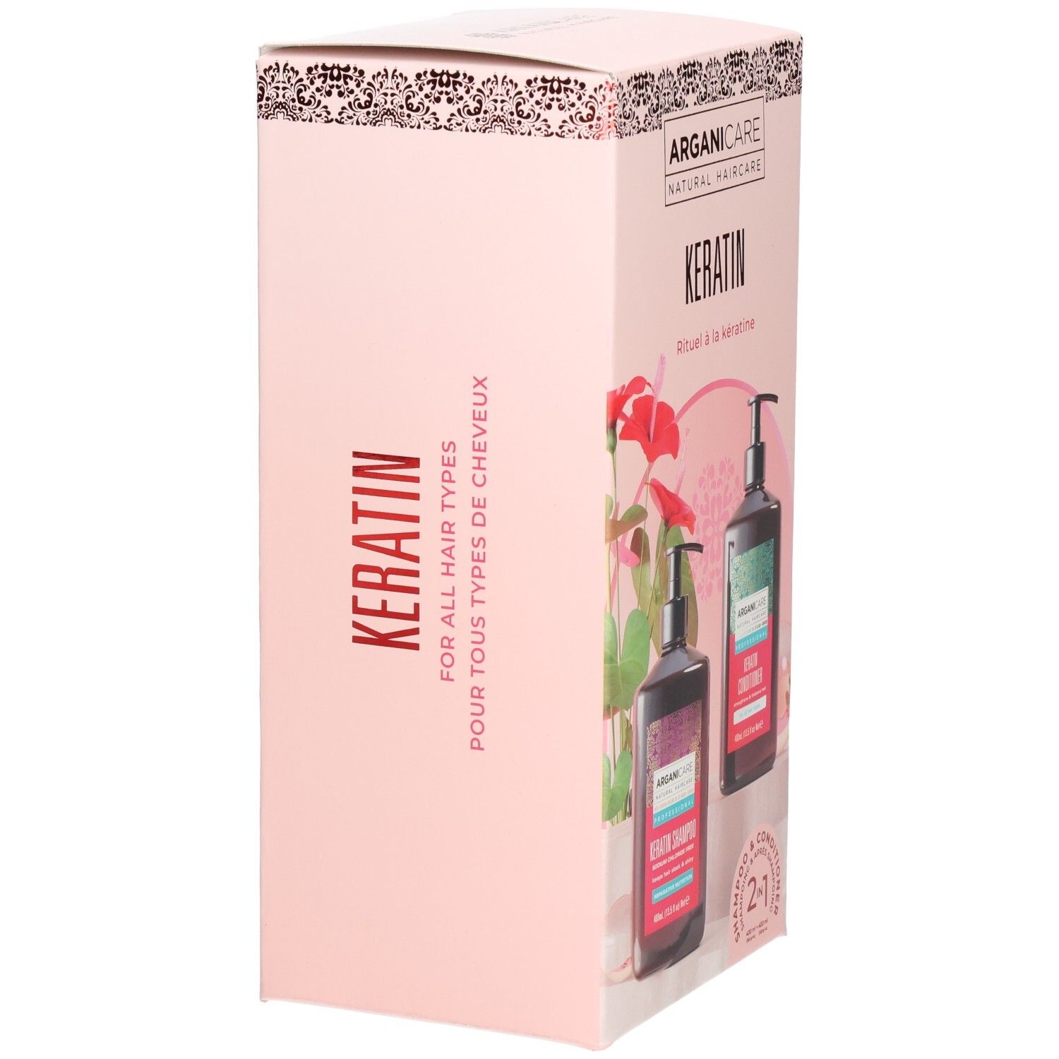 Boîte Duo Arganicare Kératine, côté avec inscription "Kératine pour tous types de cheveux".