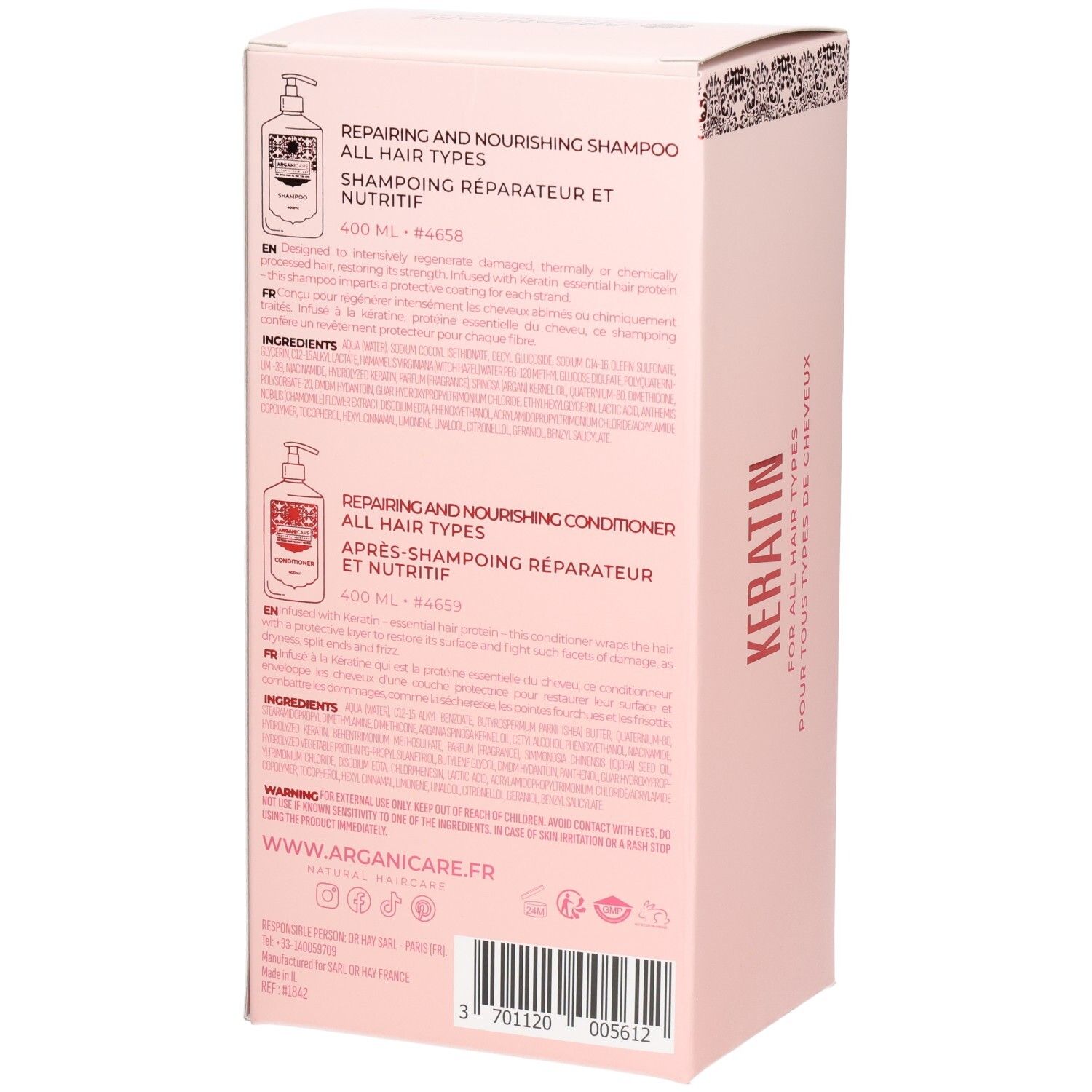 Arrière de la boîte Duo Arganicare Kératine avec informations produit et ingrédients.
